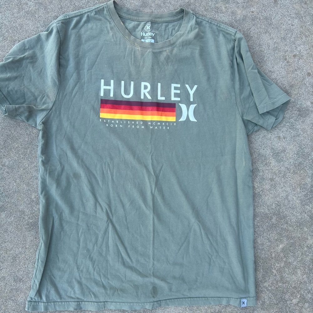 Hurley Men's Olive T-Shirt with Striped Logo